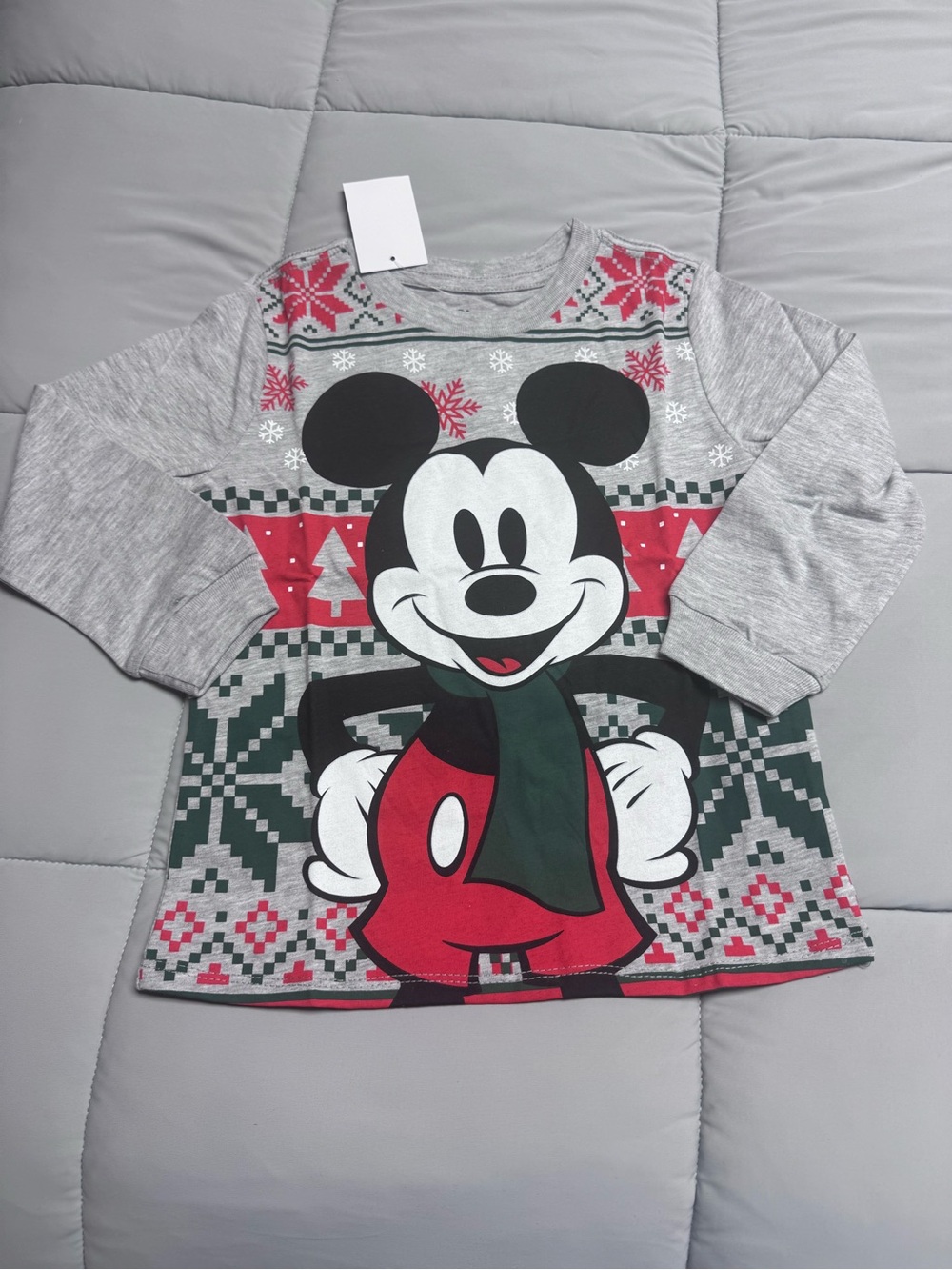 Disney Gray Mickey Mouse Holiday Long-Sleeve Top with Red and Green Accents